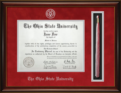 Ohio State University Diploma Frame with Tassel Holder – Officially Licensed - Glossy Mahogany Frame with Gold Accent Lines and Blaze Red Suede and Silver Mats. Silver Embossed OSU School Seal and Ohio State University Olde English Lettering