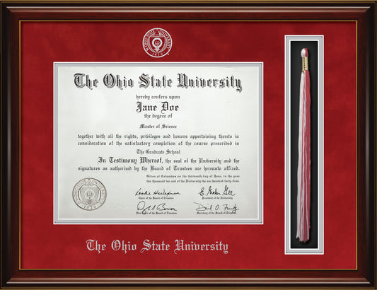 Ohio State University Diploma Frame with Tassel Holder – Officially Licensed - Glossy Mahogany Frame with Gold Accent Lines and Blaze Red Suede and Silver Mats. Silver Embossed OSU School Seal and Ohio State University Olde English Lettering