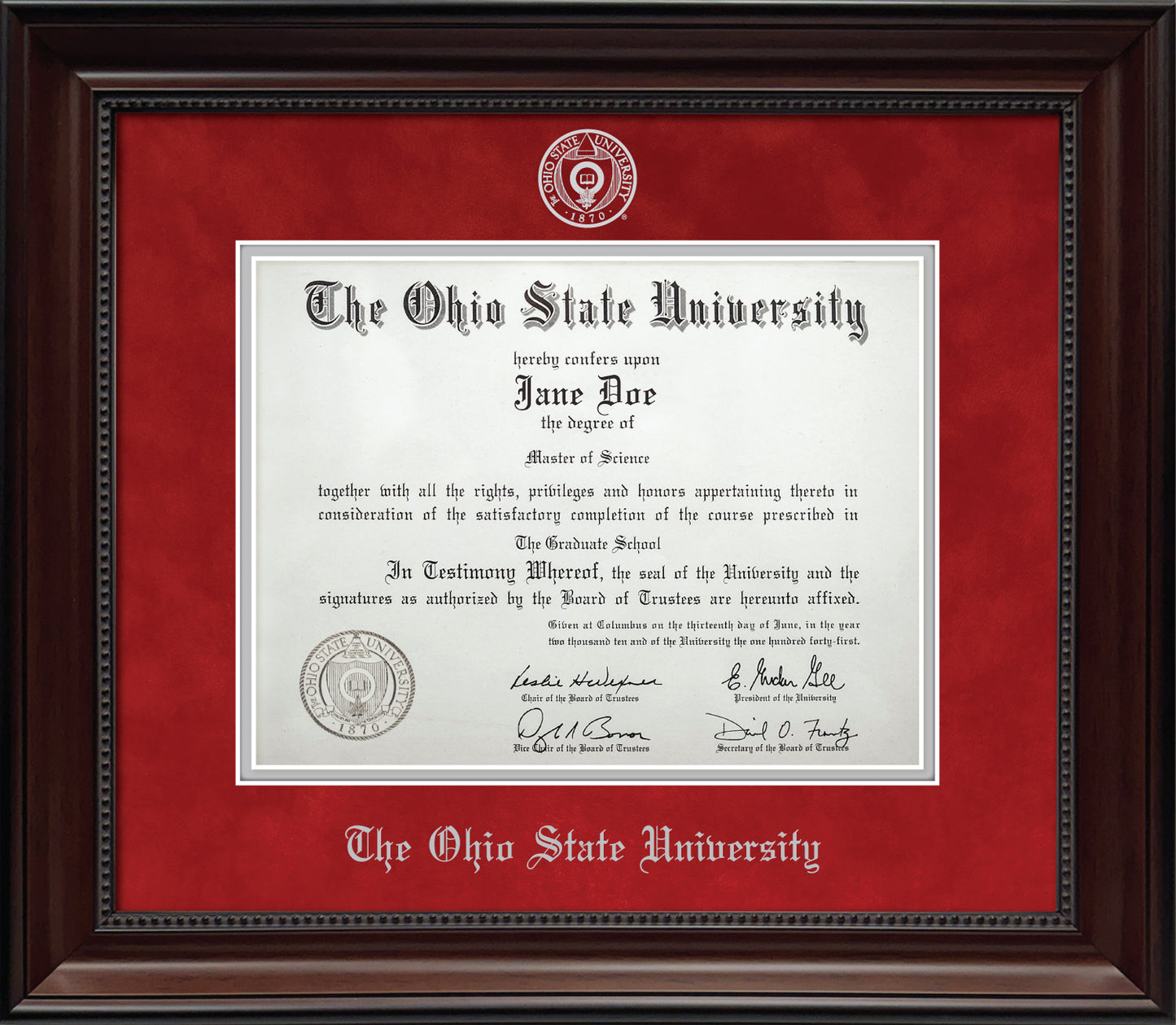 Ohio State University Diploma Frame - Officially Licensed - Cherry Finish Wood with Bead Frame with Blaze Red Suede and Silver Mats. Silver embossed Ohio State University seal and OSU Olde English lettering