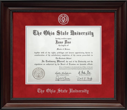 Ohio State University Diploma Frame - Officially Licensed - Cherry Finish Wood with Bead Frame with Blaze Red Suede and Silver Mats. Silver embossed Ohio State University seal and OSU Olde English lettering
