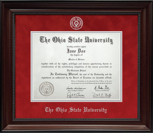 Ohio State University Diploma Frame - Officially Licensed - Cherry Finish Wood with Bead Frame with Blaze Red Suede and Silver Mats. Silver embossed Ohio State University seal and OSU Olde English lettering