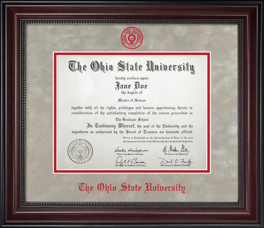 Ohio State University Diploma Frame - Officially Licensed - Cherry Finish Wood with Bead Frame with Light Silver Suede and Red Mats. Red embossed Ohio State University seal and OSU Olde English Lettering