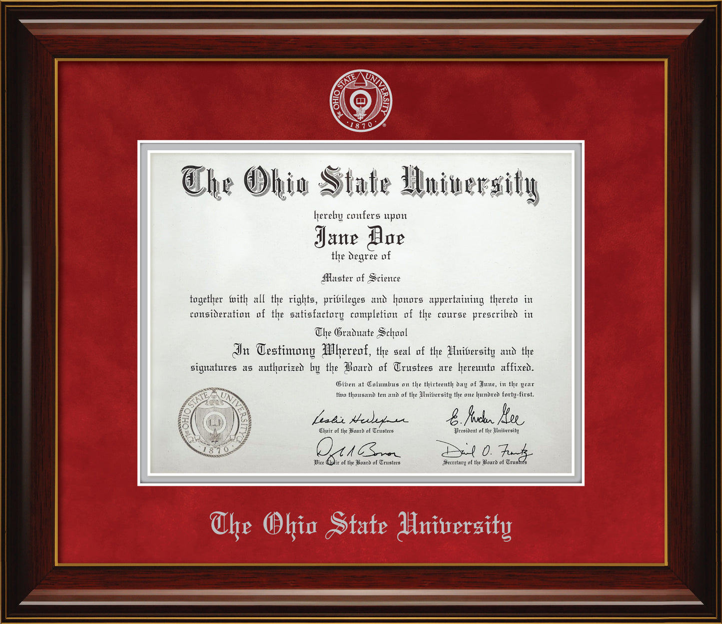 Ohio State University Diploma Frame - Officially Licensed - Glossy Mahogany Wood Frame With Gold Accent Lines and Blaze Red Suede and Silver Mats. Silver embossed Ohio State University seal and OSU Olde English lettering