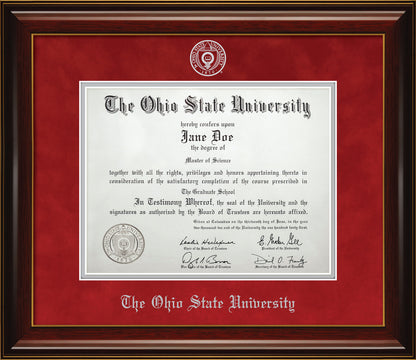 Ohio State University Diploma Frame - Officially Licensed - Glossy Mahogany Wood Frame With Gold Accent Lines and Blaze Red Suede and Silver Mats. Silver embossed Ohio State University seal and OSU Olde English lettering