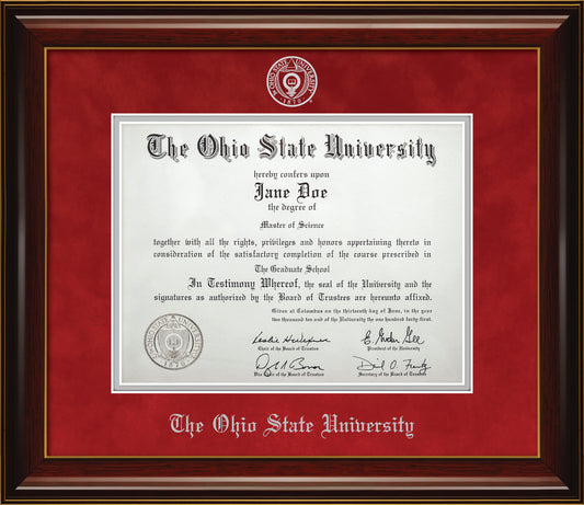 Ohio State University Diploma Frame - Officially Licensed - Glossy Mahogany Wood Frame With Gold Accent Lines and Blaze Red Suede and Silver Mats. Silver embossed Ohio State University seal and OSU Olde English lettering