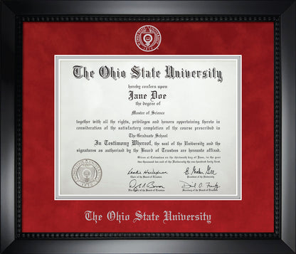 Ohio State University Diploma Frame - Officially Licensed - Matte Black Composite Eco-Friendly Treehugger™ Frame With Blaze Red Suede and Silver Mats. Silver embossed Ohio State University seal qnd OSU Olde English lettering