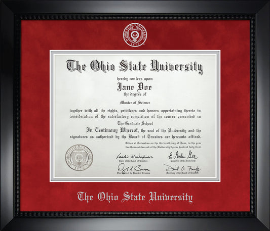 Ohio State University Diploma Frame - Officially Licensed - Matte Black Composite Eco-Friendly Treehugger™ Frame With Blaze Red Suede and Silver Mats. Silver embossed Ohio State University seal qnd OSU Olde English lettering