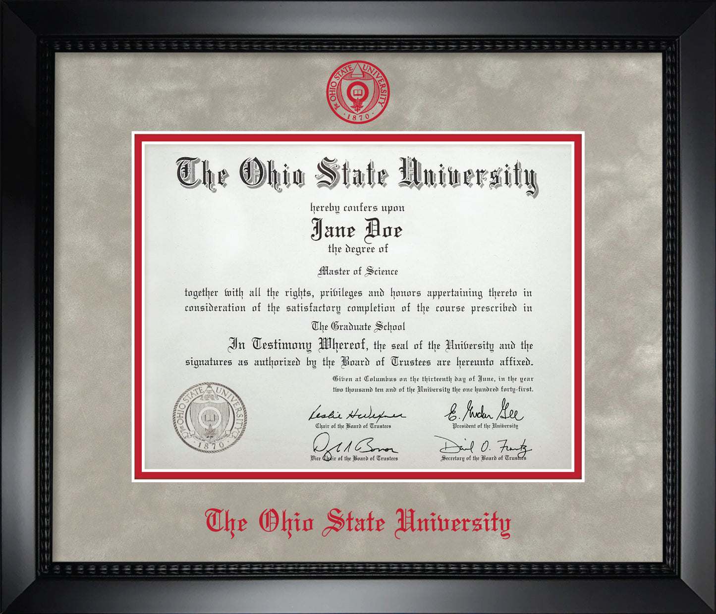 Ohio State University Diploma Frame - Officially Licensed - Matte Black Composite Eco-Friendly Treehugger™ Frame with Light Silver Suede and Red Mats. Red embossed Ohio State University seal and OSU Olde English lettering