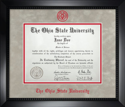 Ohio State University Diploma Frame - Officially Licensed - Matte Black Composite Eco-Friendly Treehugger™ Frame with Light Silver Suede and Red Mats. Red embossed Ohio State University seal and OSU Olde English lettering