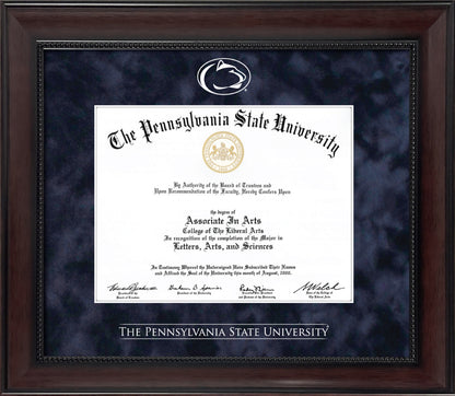 Penn State University Diploma Frame - Officially Licensed - Traditional Mahogany Wood Satin Finish with Bead Frame and Navy Suede Mat and White Embossed Nittany Lion Logo Brand: New England Picture