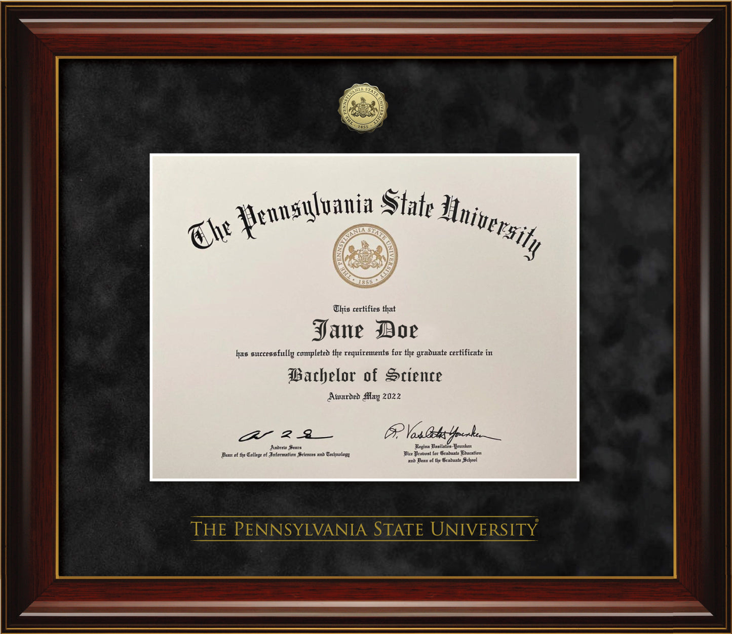 Penn State University Diploma Frame - Eco-Friendly - Officially Licensed - Glossy Mahogany Frame w/Gold Accent lines with Black Suede Mat and Gold Penn State Medallion