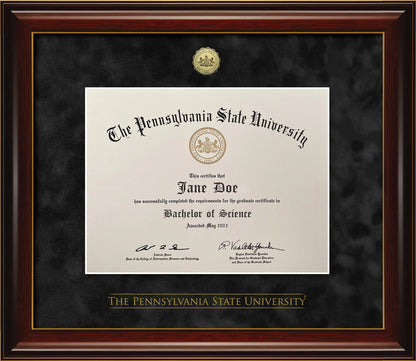 Penn State University Diploma Frame - Eco-Friendly - Officially Licensed - Glossy Mahogany Frame w/Gold Accent lines with Black Suede Mat and Gold Penn State Medallion