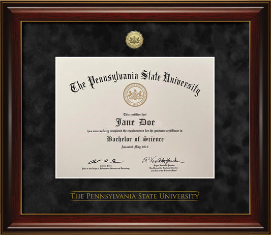 Penn State University Diploma Frame - Eco-Friendly - Officially Licensed - Glossy Mahogany Frame w/Gold Accent lines with Black Suede Mat and Gold Penn State Medallion