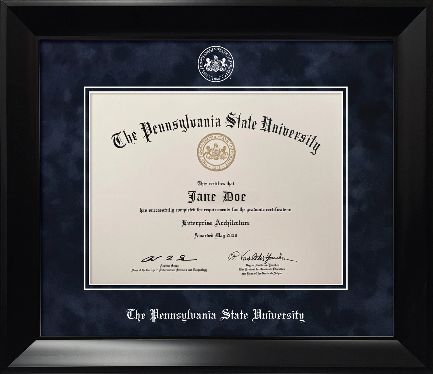 Penn State University Diploma Frame - Officially Licensed - Modern Matte Black Frame with Navy Blue Suede Mat and White Embossed PSU Seal