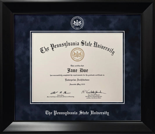 Penn State University Diploma Frame - Officially Licensed - Modern Matte Black Frame with Navy Blue Suede Mat and White Embossed PSU Seal