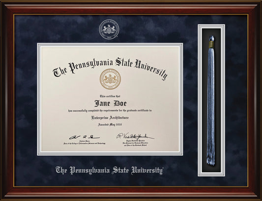 Penn State University Diploma Frame with Tassel Holder – Officially Licensed - Glossy Mahogany Frame with Gold Accent Lines and Navy Suede and Silver Mats. Silver Embossed PSU School Seal and Penn State Olde English Lettering