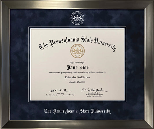 Penn State University Diploma Frame - Officially Licensed - Modern Brushed Pewter Frame with Navy Blue Suede Mat and White Embossed PSU Seal