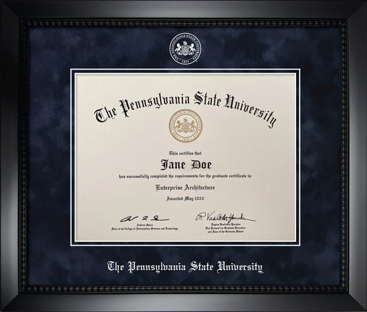 Penn State University Diploma Frame - Officially Licensed - Matte Black Frame With Navy Suede Mat and White Embossed PSU Seal