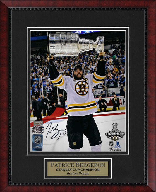 Patrice Bergeron Autograph Photo Holding Stanley Cup 2011 11x14