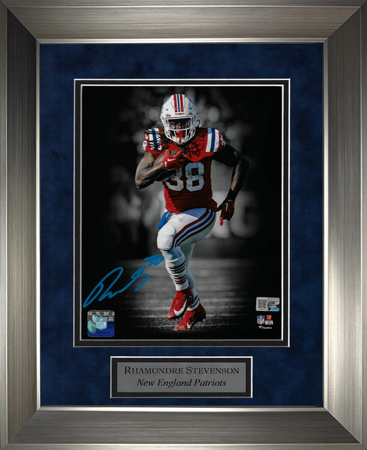Rhamondre Stevenson Autograph 8x10 Photo - Rush Spotlight - New England Patriots - Framed 13x16 - New England Picture Authentication