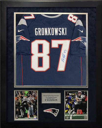 Rob Gronkowski Autograph Jersey New England Patriots Blue Limited Jersey Framed 37x45