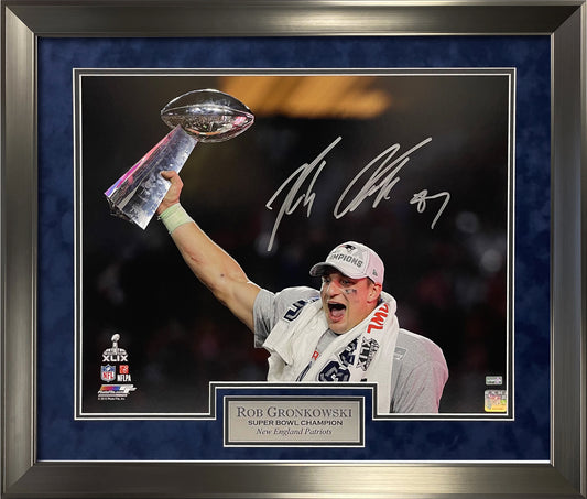 Rob Gronkowski Autograph Photo Super Bowl XLIX Trophy Framed 23x27 New England Picture Authentication