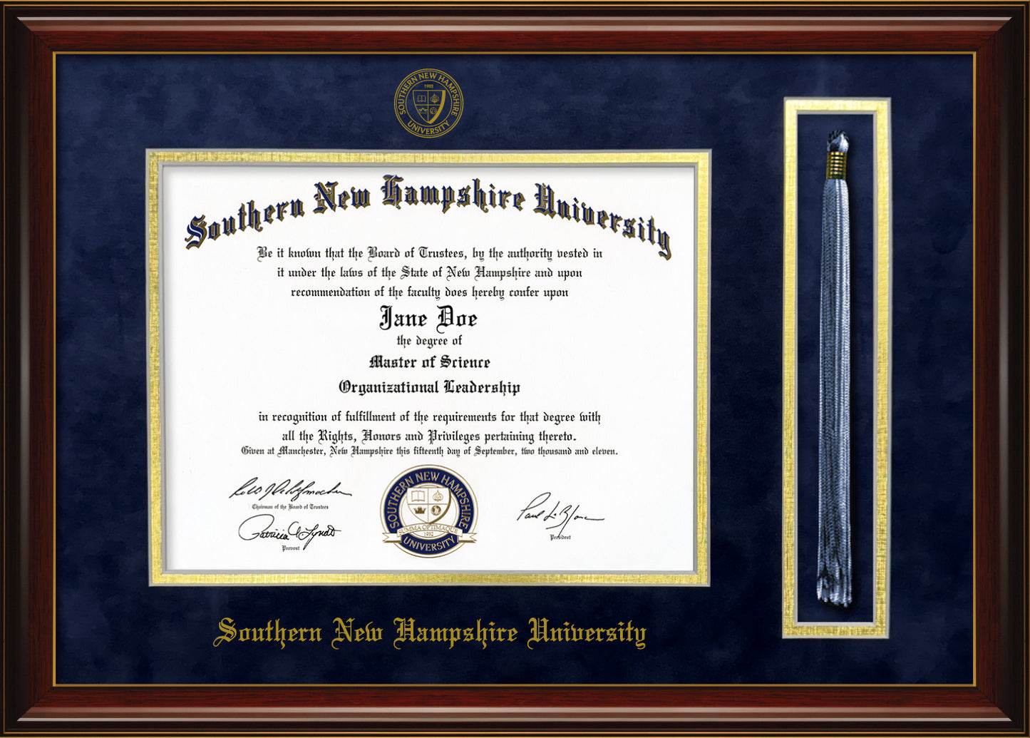 Southern New Hampshire University SNHU Diploma Frame with Tassel Holder – Officially Licensed - Cherry Finish Wood with Bead Frame and Navy Suede and Gold Mats