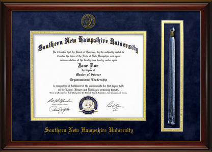 Southern New Hampshire University SNHU Diploma Frame with Tassel Holder – Officially Licensed - Cherry Finish Wood with Bead Frame and Navy Suede and Gold Mats