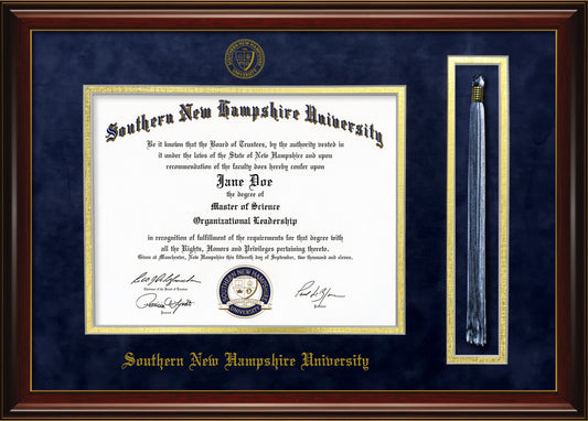 Southern New Hampshire University SNHU Diploma Frame with Tassel Holder – Officially Licensed - Cherry Finish Wood with Bead Frame and Navy Suede and Gold Mats
