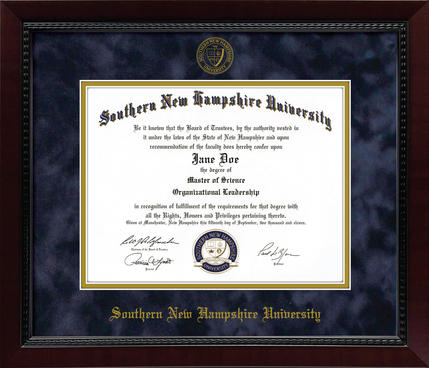 Southern New Hampshire University SNHU Diploma Frame – Officially Licensed - Mahogany Composite Eco-Friendly Treehugger™ Frame - Navy Suede and Gold Mats
