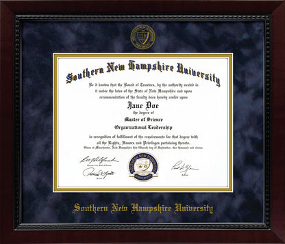 Southern New Hampshire University SNHU Diploma Frame – Officially Licensed - Mahogany Composite Eco-Friendly Treehugger™ Frame - Navy Suede and Gold Mats