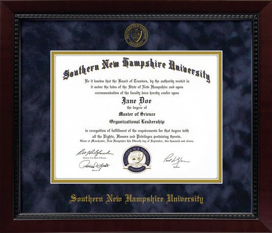 Southern New Hampshire University SNHU Diploma Frame – Officially Licensed - Mahogany Composite Eco-Friendly Treehugger™ Frame - Navy Suede and Gold Mats