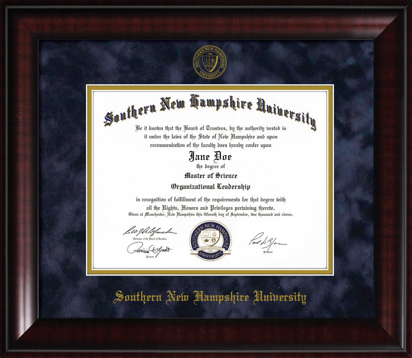 Southern New Hampshire University SNHU Diploma Frame – Officially Licensed - Composite Eco-Friendly Treehugger™ Frame with Mahogany Furniture Finish - Navy Suede and Gold Mats