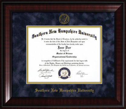 Southern New Hampshire University SNHU Diploma Frame – Officially Licensed - Composite Eco-Friendly Treehugger™ Frame with Mahogany Furniture Finish - Navy Suede and Gold Mats