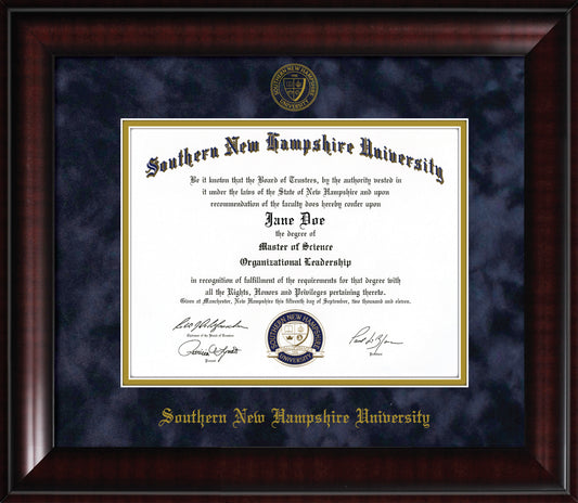 Southern New Hampshire University SNHU Diploma Frame – Officially Licensed - Composite Eco-Friendly Treehugger™ Frame with Mahogany Furniture Finish - Navy Suede and Gold Mats