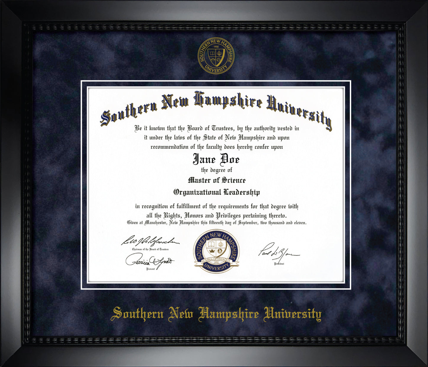 Southern New Hampshire University SNHU Diploma Frame - Officially Licensed - Matte Black Composite Eco-Friendly Treehugger™ Frame With Navy Suede Mat