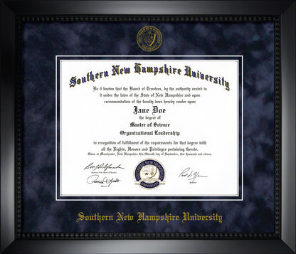 Southern New Hampshire University SNHU Diploma Frame - Officially Licensed - Matte Black Composite Eco-Friendly Treehugger™ Frame With Navy Suede Mat