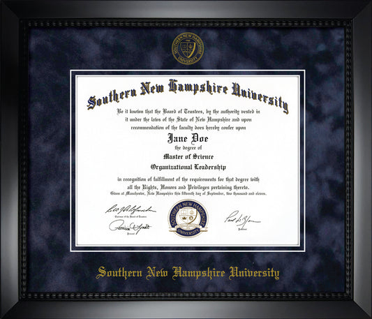 Southern New Hampshire University SNHU Diploma Frame - Officially Licensed - Matte Black Composite Eco-Friendly Treehugger™ Frame With Navy Suede Mat