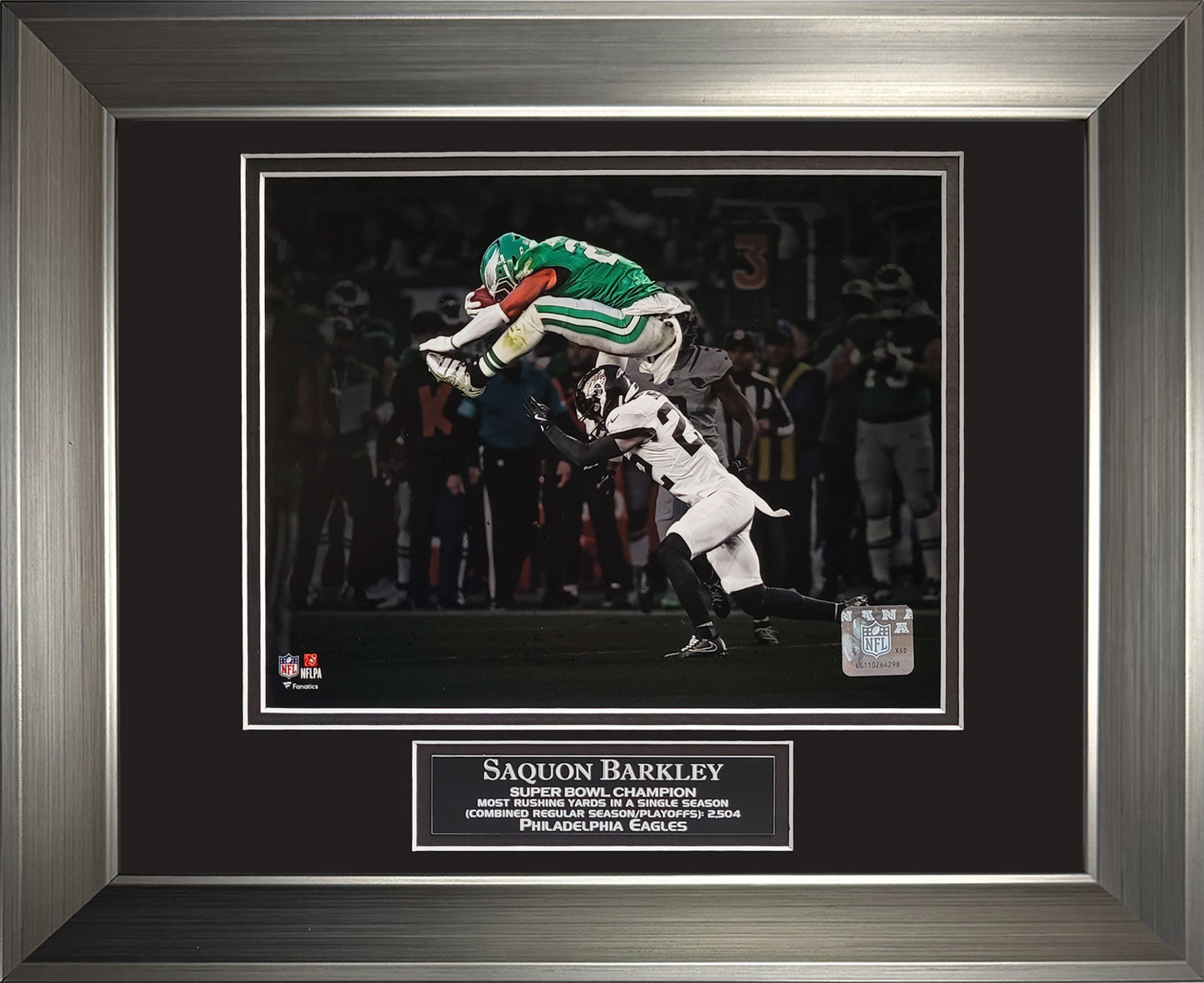 Saquon Barkley Photograph - Backwards Leap - Philadelphia Eagles - Framed 13x16