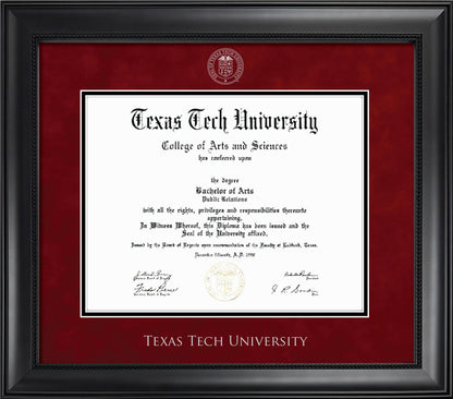 Texas Tech University Diploma Frame - Officially Licensed - Modern Matte Black Wood with Bead Frame - Red Suede and Black Mats