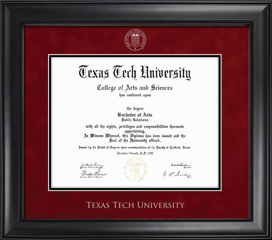 Texas Tech University Diploma Frame - Officially Licensed - Modern Matte Black Wood with Bead Frame - Red Suede and Black Mats