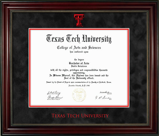 Texas Tech University Diploma Frame - Officially Licensed - Cherry Finish Wood with Bead Frame - Black Suede Mat with Red Accent Mat