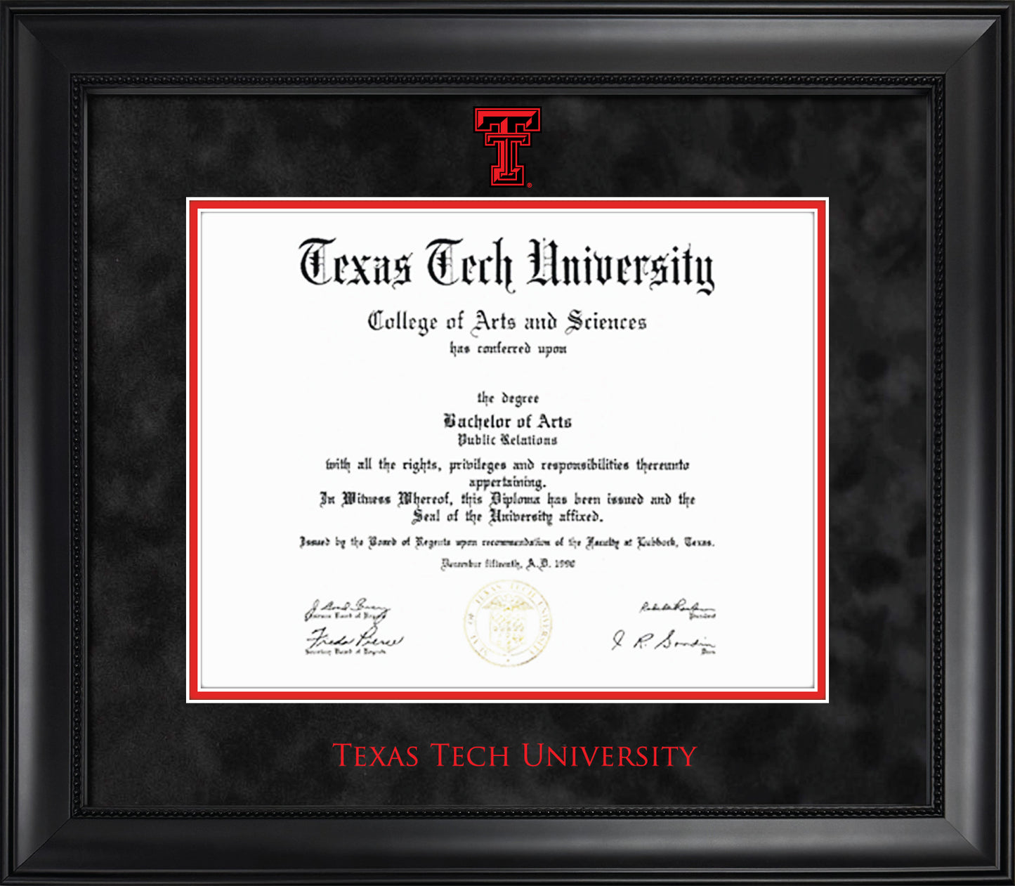 Texas Tech University Diploma Frame - Officially Licensed - Modern Matte Black Wood with Bead Frame - Black Suede Mat with Red Accent Mat