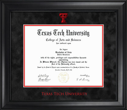 Texas Tech University Diploma Frame - Officially Licensed - Modern Matte Black Wood with Bead Frame - Black Suede Mat with Red Accent Mat