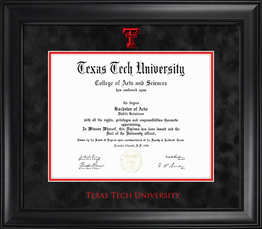 Texas Tech University Diploma Frame - Officially Licensed - Modern Matte Black Wood with Bead Frame - Black Suede Mat with Red Accent Mat