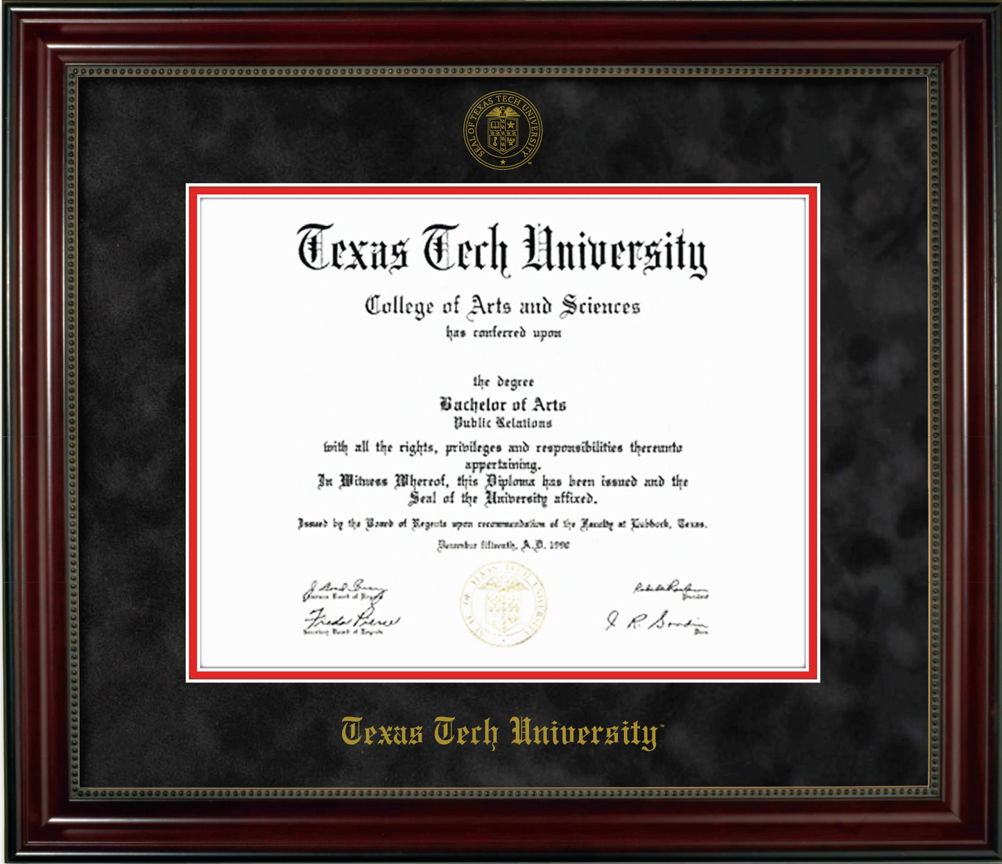 Texas Tech University Diploma Frame - Officially Licensed - Cherry Finish Wood with Bead Frame - Black Suede and Red Mats