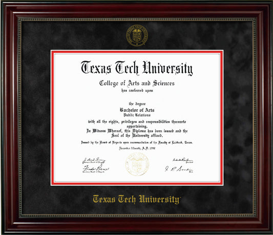 Texas Tech University Diploma Frame - Officially Licensed - Cherry Finish Wood with Bead Frame - Black Suede and Red Mats