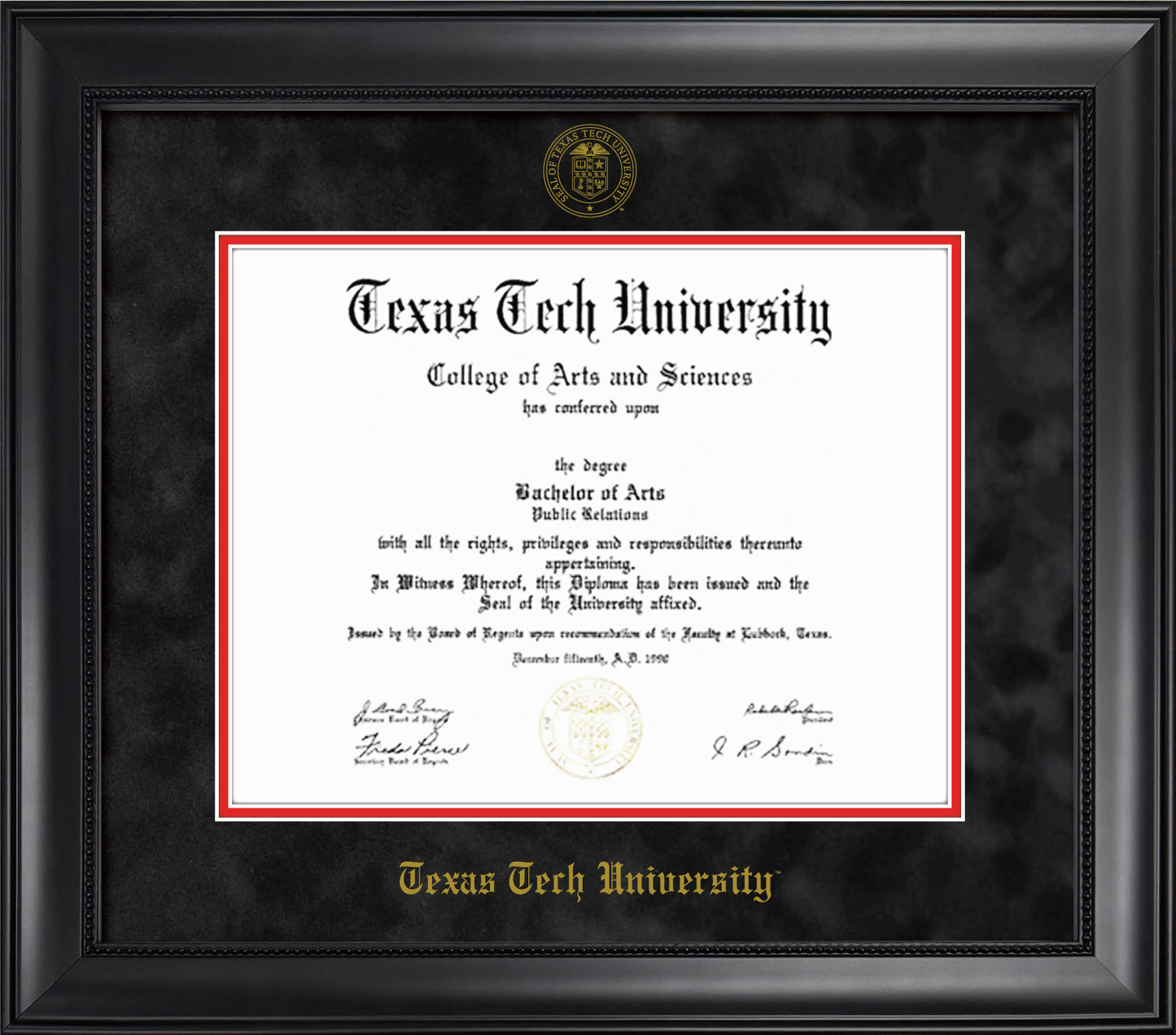 Texas Tech University Diploma Frame - Officially Licensed - Modern Matte Black Wood with Bead Frame - Black Suede and Red Mats