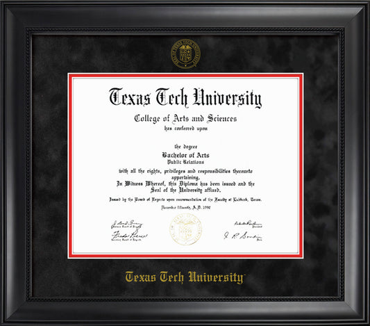 Texas Tech University Diploma Frame - Officially Licensed - Modern Matte Black Wood with Bead Frame - Black Suede and Red Mats