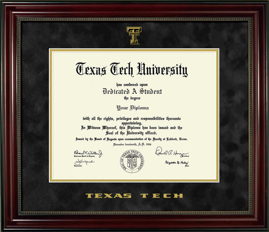 Texas Tech University Diploma Frame - Officially Licensed - Cherry Finish Wood with Bead Frame - Black Suede Mat with Gold Accent Mat
